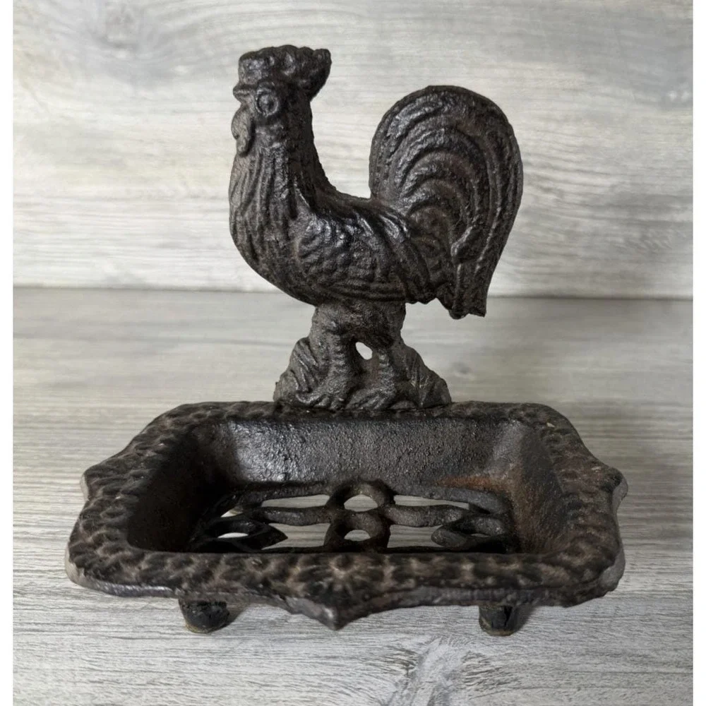Vintage Rustic Cast Iron Rooster Soap Sponge Dish Farmhouse Chicken